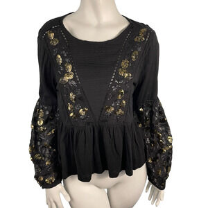 Anthropologie Neale Sequined Balloon Sleeve Crop Peplum Top Black Size Medium